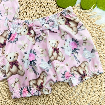 Conj. Body, Faixinha de Cabelo e Shorts Ursinhos em Malha Térmica - Rosa